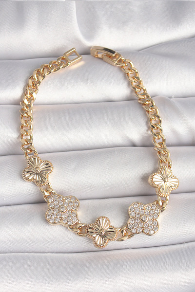 Skygo Pirinç Gold Renk Zirkon Taşlı Yonca Model Kadın Bileklik - TJ-BB6836