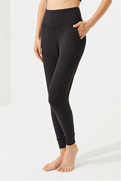 Cottonhill Pantaloni de trening negri pentru femei, cu talie înaltă și buzuna...