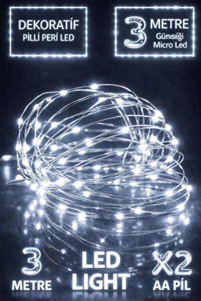 Parti dolabı Peri Led Işık 3 Metre (BEYAZ) Pilli Led Dekoratif Aydınlatma Yıl...