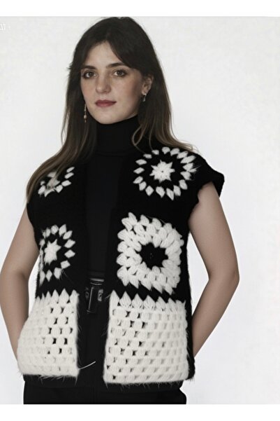 Tanem Çarşı Vest Special Design Black and White Moher Hand Knitted (53 cm Len...
