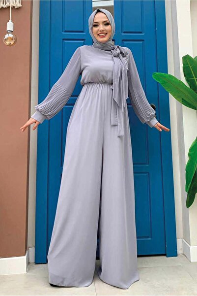 TRENDTESETTÜR KADIN GRİ KOLLARI PİLİSELİ KUŞAKLI TULUM T 7053