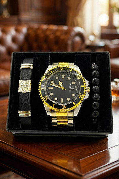 TEKMAKG Erkek Kol Saati + 2 Bileklik Seti | Tarih Göstergeli Metal Kordon Hed...