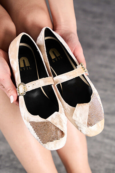Nstil Бежевий оксамитовий балетний туфель з камінцями, з однією стрічкою і ов...