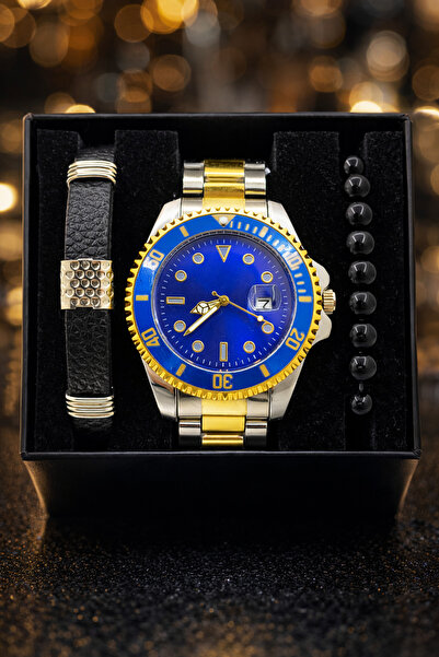 TEKMAKG Erkek Kol Saati + 2 Bileklik Seti | Tarih Göstergeli Metal Kordon Hed...