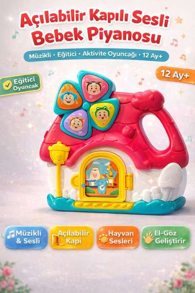 YILDIRIM OYUNCAK Sesli Işıklı Müzikli Ev Bebek Piyanosu 13 cm - Açılabilir Ka...