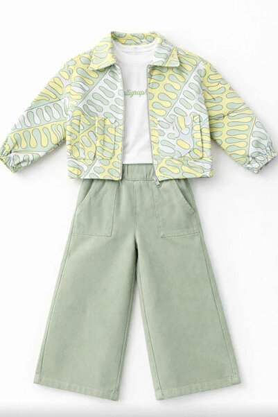 Kidmark Çocuk Modası Girl's Jacket, Patterned Wide-Leg Pants, 3-Piece Green Set