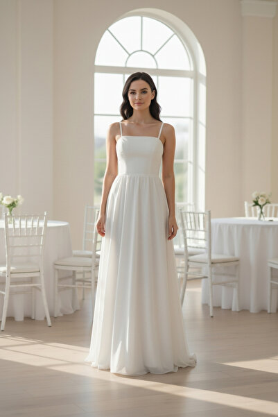 ENDAMIM Νυφικό φόρεμα από σιφόν με τιράντες, μακρύ, σε γραμμή Α, με απλό σχέδιο