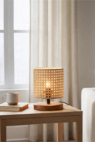 HOMİNG Exclusive Rattan Hazeranlı Ahşap Tabanlı Abajur