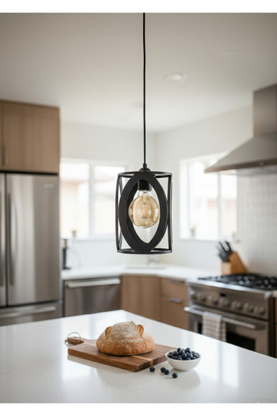 Genel Markalar Endüstriyel Siyah Metal Oval Model Tekli Sarkıt Salon Hol Mutf...