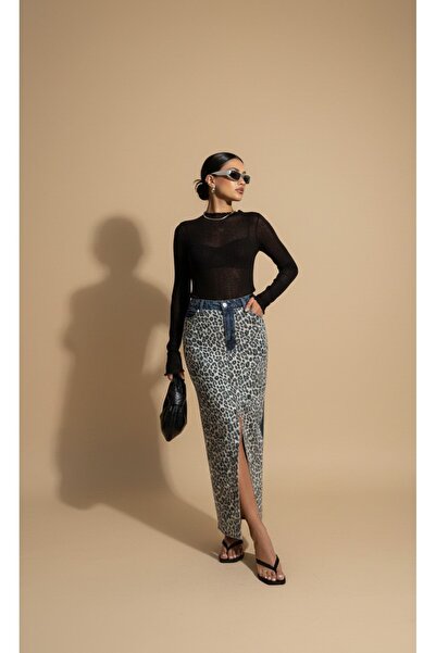 HerTon Ψηλόμεση τζιν μακριά φούστα με λεοπάρ λεπτομέρεια και σκίσιμο