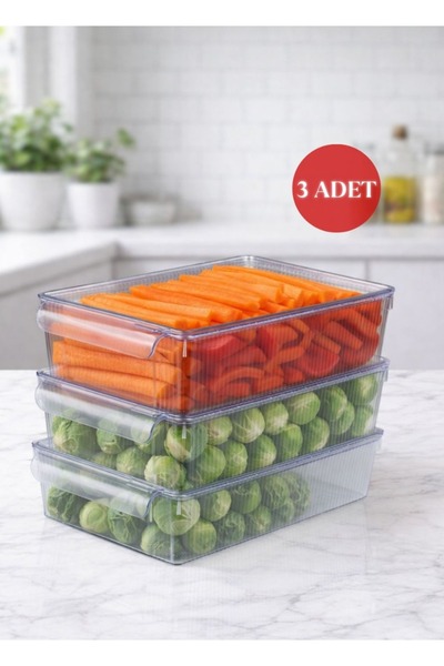 Okyanus Home 3'lü Kapaklı Şeffaf Buzdolabı Organizeri ve Saklama Kabı 3500ML