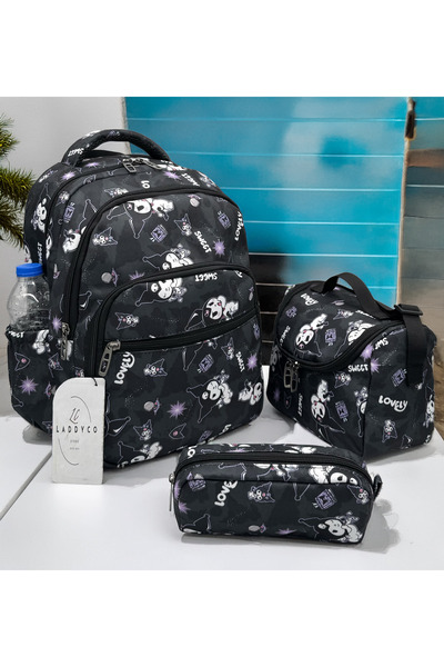 Bevitton حقيبة مدرسية ابتدائية للبنات مطبوعة باللون الأسود مكونة من 3 حقائب م...