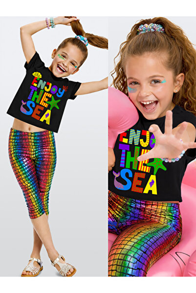Denokids Kız Çocuk Renkli Takım Baskılı Crop Top & Varak Tayt İlkbahar Yaz 5-...