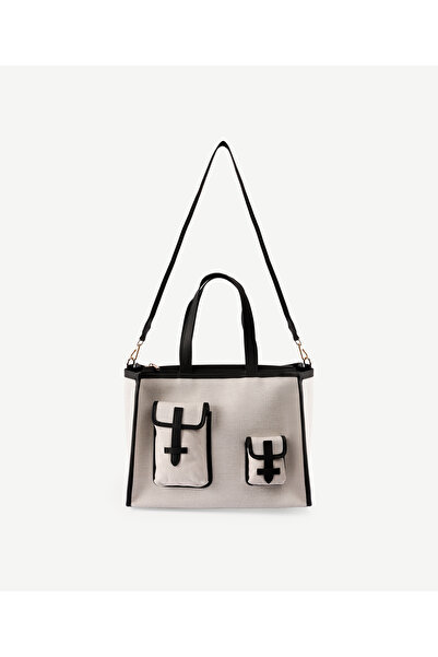 Yargıcı Cep Detaylı Deri Garnili Canvas Omuz Çantası