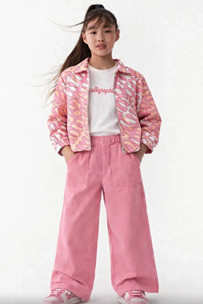 Kidmark Çocuk Modası Girl's Jacket Patterned Wide-Leg Pants 3-Piece Pink Set