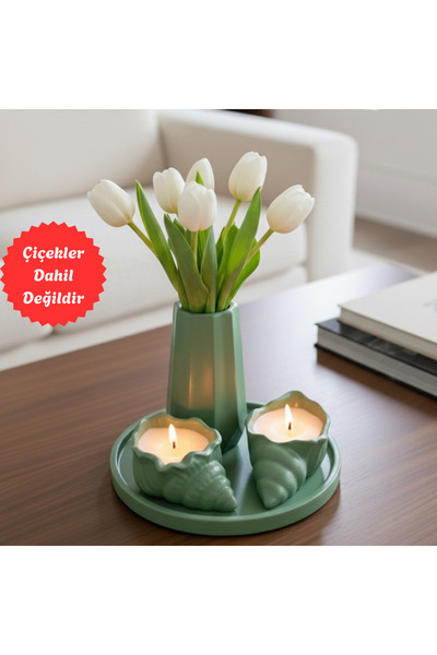 Nigistore 4 Parça Yeşil Set - Istiridye Mumlu, Vazolu, Yuvarlak Tepsili (ÇİÇE...