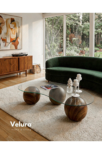 Velura Home & Living Top Sehpa & Füme Fasülye Cam Küre Orta Sehpa Kaplama Ahş...