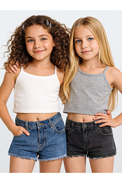 Denokids Girl's Crop Top 2-Piece Set with Straps Gray and White Crop Top