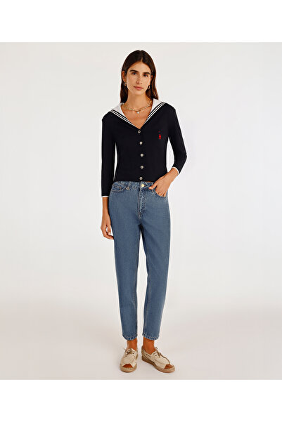 Yargıcı Kemer Aksesuarlı Yüksel Bel Mom Fit Denim Pantolon