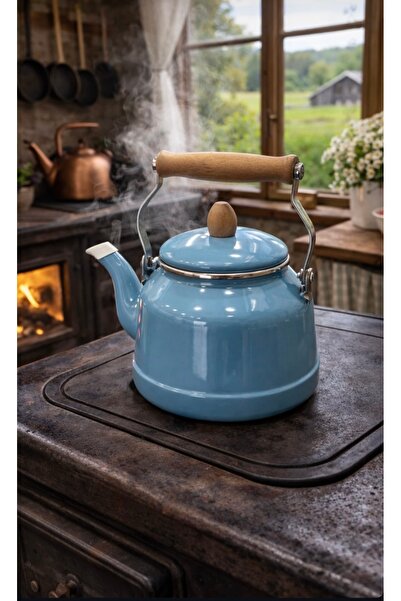 ALEV EMAYE 2,5 LT Ahşap Saplı Vintage Emaye Ihlamur & Bitki Demliği Kapaklı