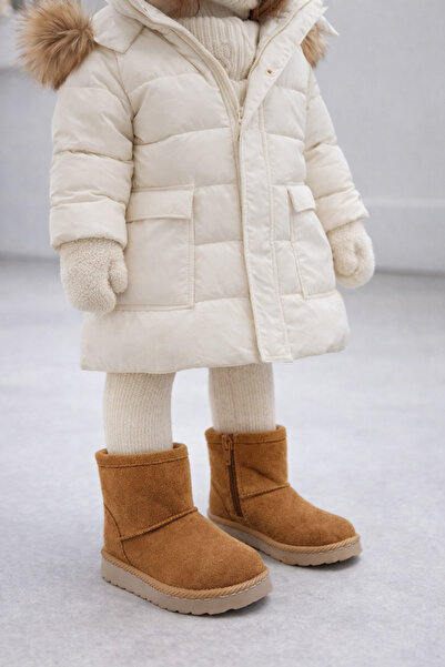 Torun Kids أحذية أطفال من الجلد الصناعي ذات اللون القرفة مع فرو من الداخل