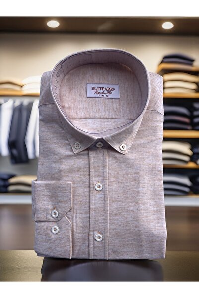 elitpark %100 Pamuk Bej Erkek Gömlek
