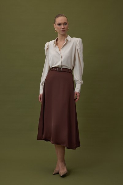 Sateen Kemerli Saten Etek - Kahve