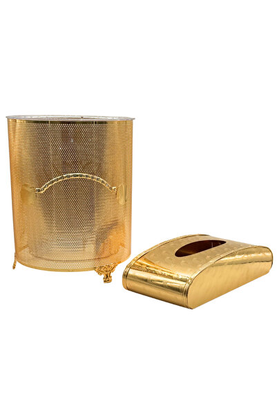 ALQANNAS طقم سلة مهملات وعلبة مناديل ذهبية | سلة مهملات وعلبة مناديل أنيقة وع...