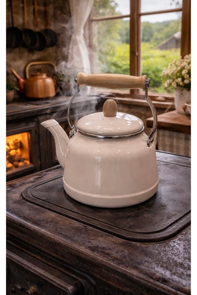 ALEV EMAYE 2,5 LT Ahşap Saplı Vintage Emaye Ihlamur & Bitki Demliği Kapaklı