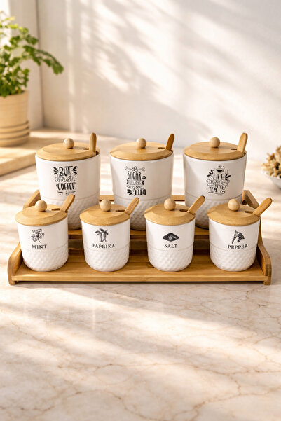 tutku home Bambu Kapaklı 7'li Baharat Seti, Kaşıklı