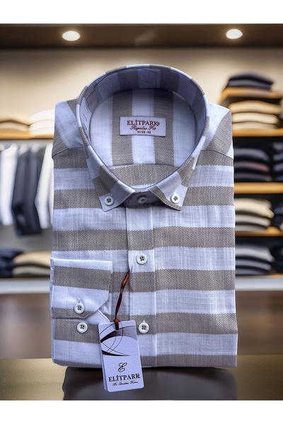 elitpark Erkek Bej-Beyaz Çizgili Düğmeli Yaka %100 Pamuk Uzun Kollu Gömlek