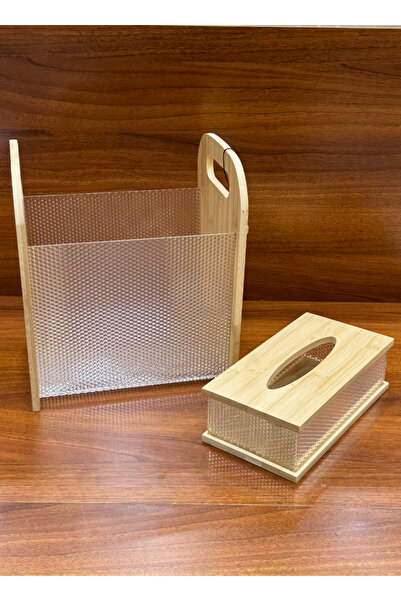 ALQANNAS طقم سلة مهملات وعلبة مناديل خشبية/شفافة | منظم مناديل أنيق وسلة مهملات