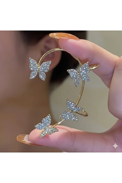 Aksesdunya Kelebek Ear Cuff Küpe Gold Taşlı Deliksiz Kıkırdak Küpesi Tekli Kadın