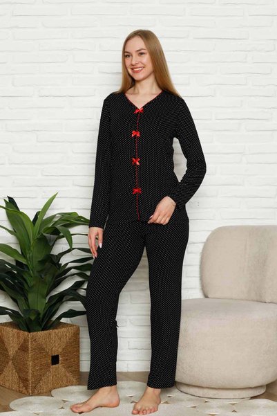 ALİMER Kadın Pijama Takımı - Siyah Puantiyeli Önden Düğmeli Uzun Kollu Likralı 2828