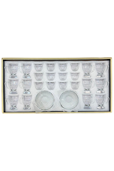 ALQANNAS Crystal tea glasses + coffee cups set, 36 pieces, silver trim