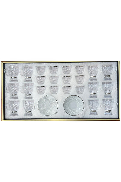 ALQANNAS Crystal tea glasses + coffee cups set, 36 pieces, silver trim