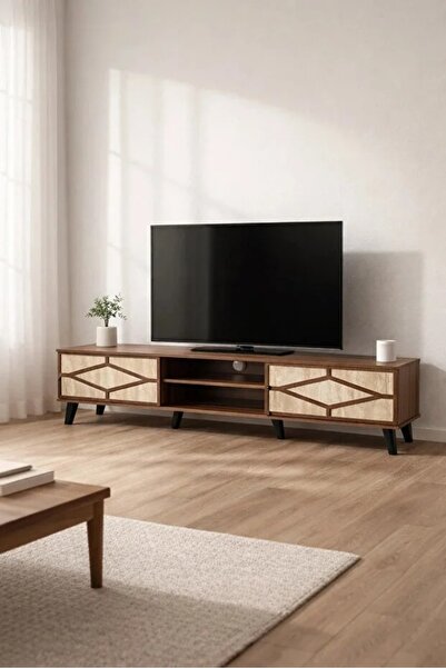 N.zone حامل تلفزيون خشبي عصري، بني , وبيج، بتصميم أمامي مشقوق، 160 × 40 × 44 سم