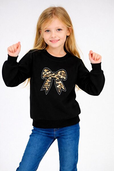 NOVERAM KİDS Girl's Leopard Patterned Bow Winter Sweatshirt