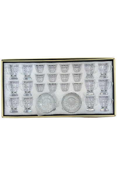 ALQANNAS Crystal tea glasses + coffee cups set, 36 pieces, silver trim