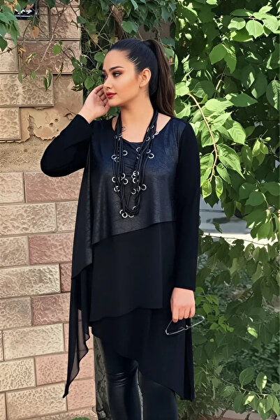 aytemas Asymmetrical Tunic with Leather and Chiffon Trim on the Front