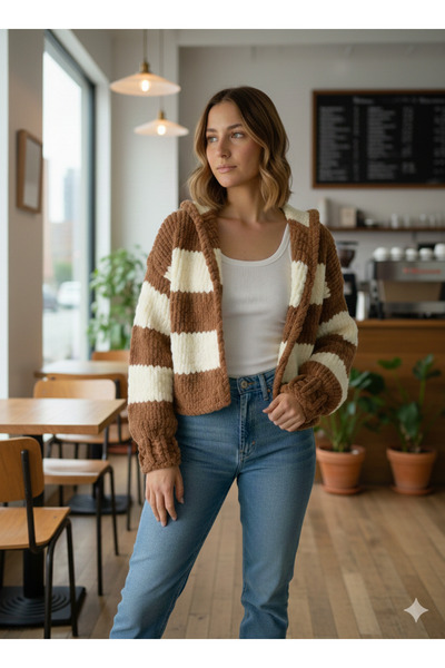 A&D HANDMADE Hand Knitted Puffy Hooded Crop Cardigan