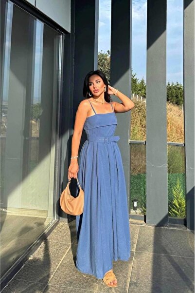 Ecenin Favorileri Μπλε φόρεμα με υφασμάτινη ζώνη Modal