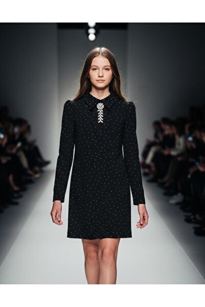 Hilal Akıncı Kids Girl's Stone Brooch Detailed Fakir Sleeve Dress