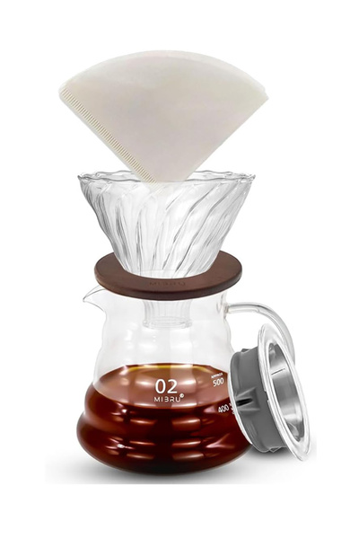 MIBRU مجموعة ماكينة القهوة V60 3 في 1، زجاج، فضي