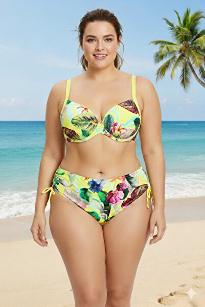 hazelin Kadın Sarı Yaprak Desenli Askılı Yüksek Bel Toparlayıcı Büyük Beden B...