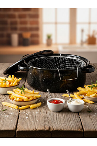 AiroBazar Emaye Kızartma Tenceresi 24 cm - Paslanmaz Tel Süzgeçli Patates Kız...