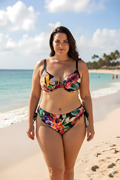 hazelin Γυναικείο σετ μπικίνι με μαύρο σχέδιο με φύλλα και λουράκια, με ψηλόμ...