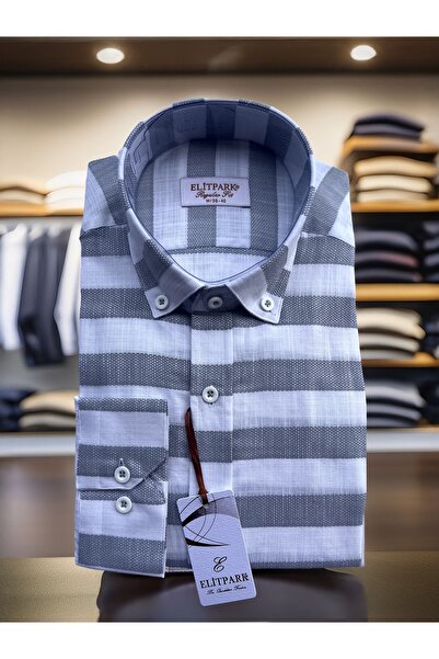 elitpark Erkek Gri-Beyaz Çizgili Düğmeli Yaka %100 Pamuk Uzun Kollu Gömlek