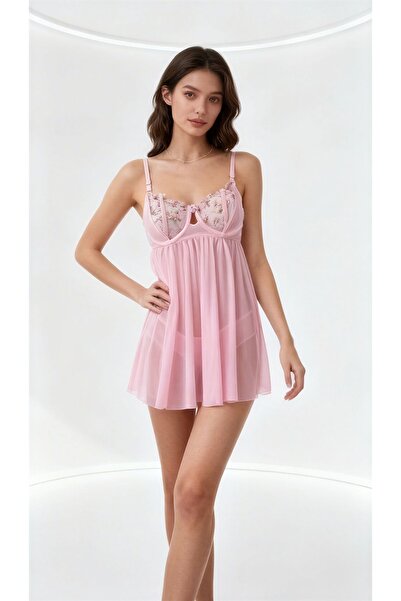 İZOSCA Pembe Desenli Külotlu Gecelik