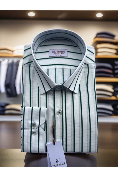 elitpark Pamuklu Yeşil Çizgili Beyaz Erkek Gömlek